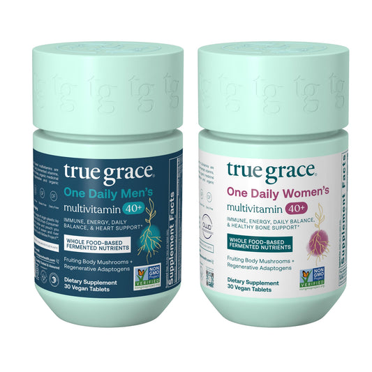 True Grace One Daily Men’s Multivitamin 40+ bottle front—vegan, non-GMO daily supplement.