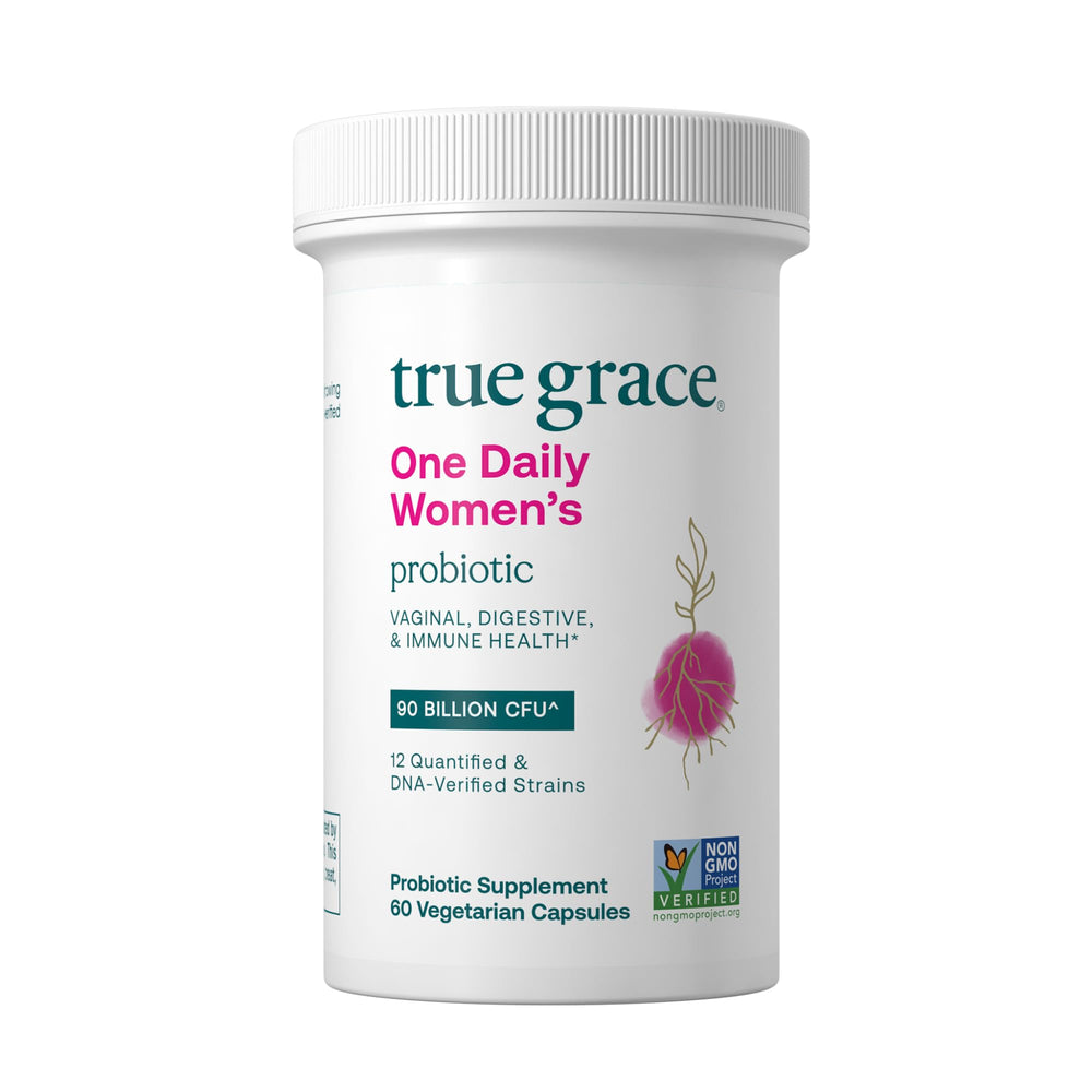 True Grace One Daily Women’s Probiotic bottle front shows 60 servings for daily digestive support.