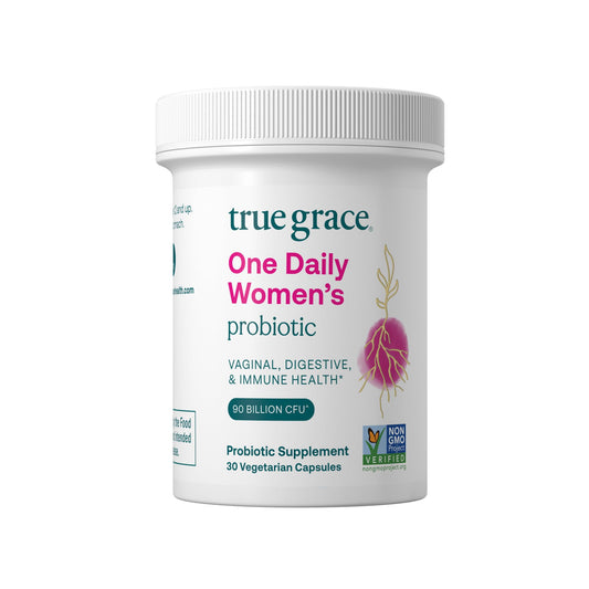 True Grace One Daily Probiotic bottle shown for daily use.