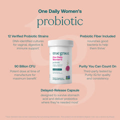 True Grace One Daily Women’s Probiotic capsules shown, featuring DR caps for better stomach acid protection.