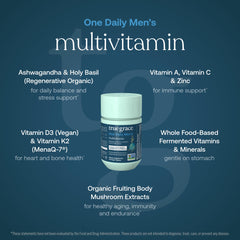 True Grace Organic Mushroom Blend bottle emphasizing bioavailable beta-glucans and natural extraction.