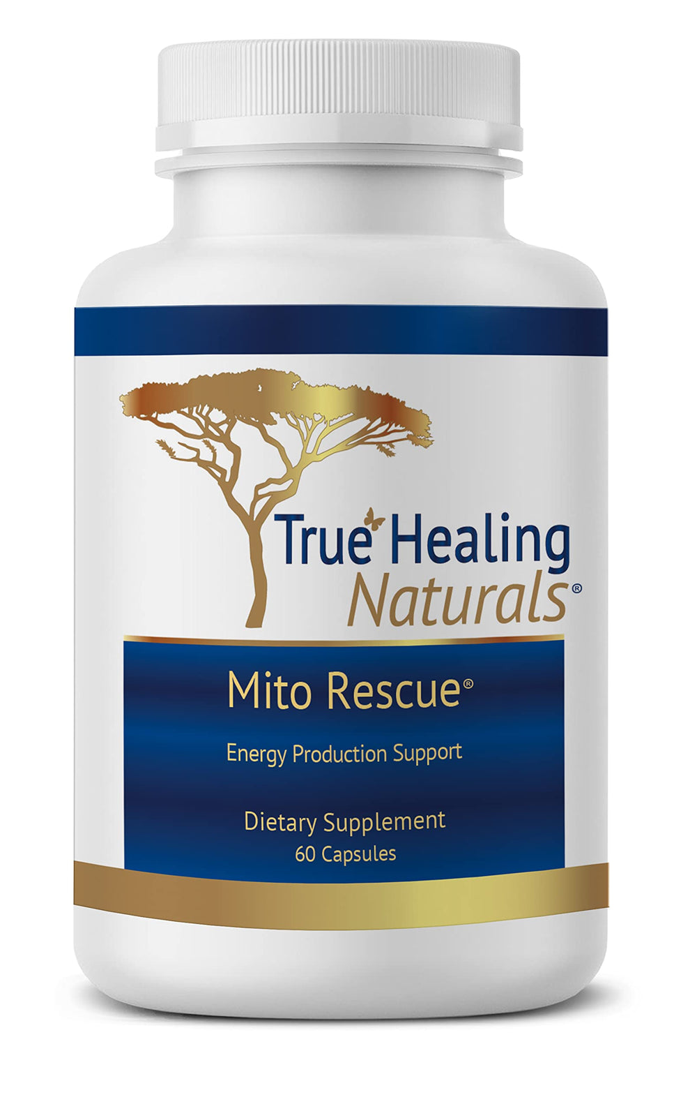 True Healing Naturals Mito Rescue bottle features key mitochondrial ingredients for daily energy.