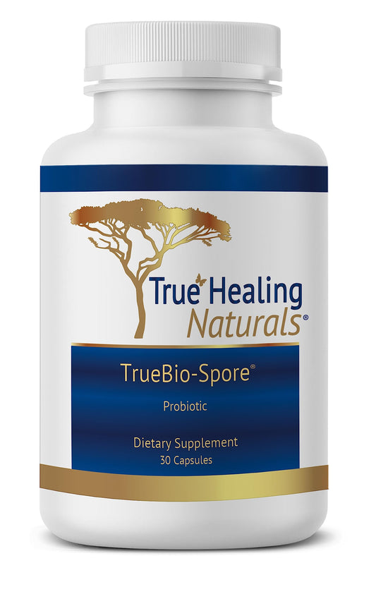 True Healing Naturals TrueBio-Spore bottle showing 50B CFU for gut support