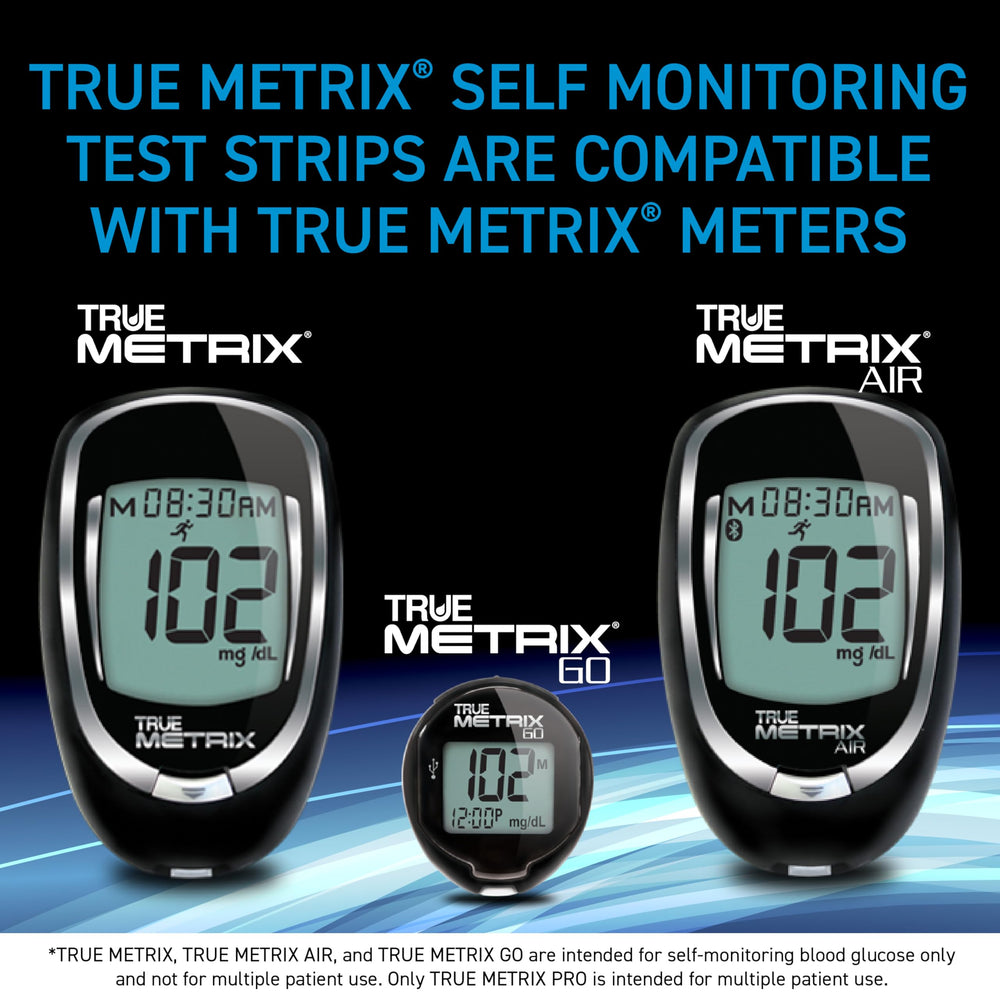TRUE METRIX test strip close-up showing tiny sample capability.