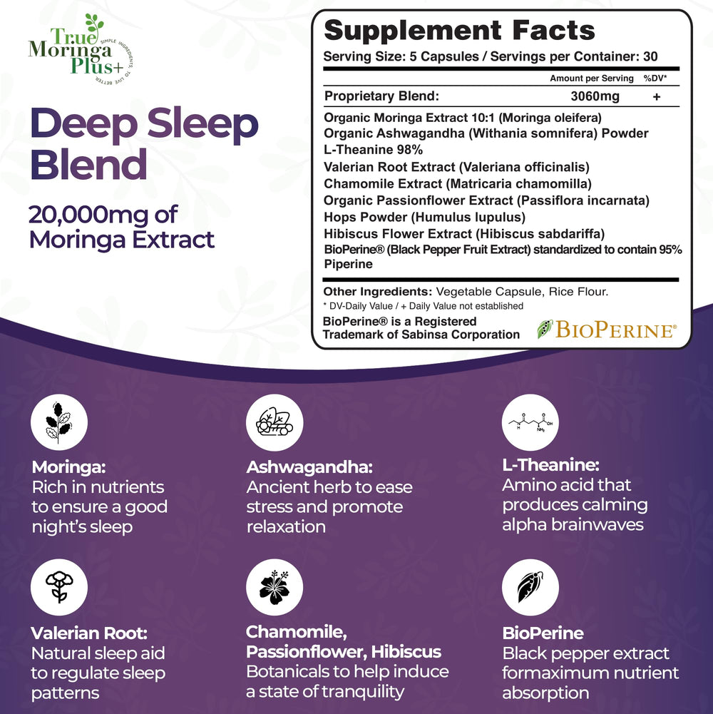 True Moringa Plus+ 10:1 moringa extract highlights potency for restful nights.