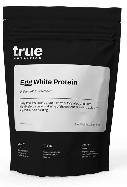 True Nutrition Egg White Protein Powder bottle illustrates a dairy-free protein option for clean nutrition.