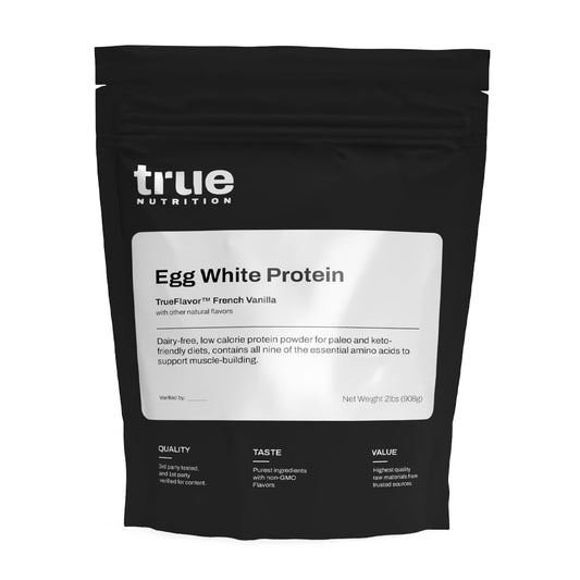 True Nutrition Egg White Protein Powder tub front showing a dairy-free protein option for shakes