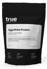True Nutrition egg white protein powder vanilla jar on counter, dairy-free option for shakes