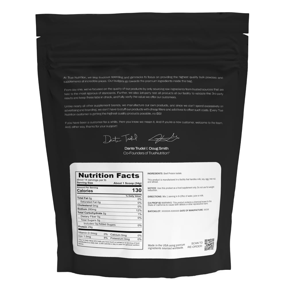 True Nutrition Grass-Fed Beef Protein Isolate scoop supports convenient, protein-rich fueling.