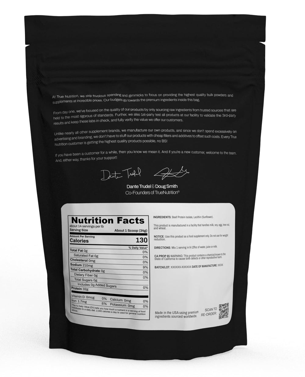 True Nutrition beef protein powder scoop measures a 29 g serving