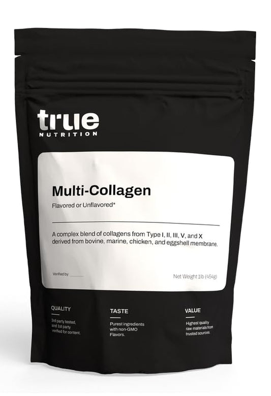 True Nutrition Multi-Collagen Powder bottle ready for daily use in coffee or smoothies.