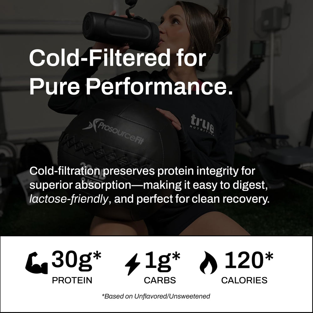 True Nutrition Whey Isolate bottle pouring, convenient post-workout option.