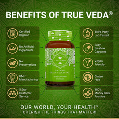Close-up of True Veda capsules showcasing low caffeine option
