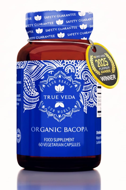True Veda Organic Bacopa Monnieri bottle front view showing premium organic capsules for daily focus.