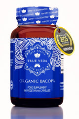 True Veda Organic Bacopa Monnieri bottle front view showing premium organic capsules for daily focus.
