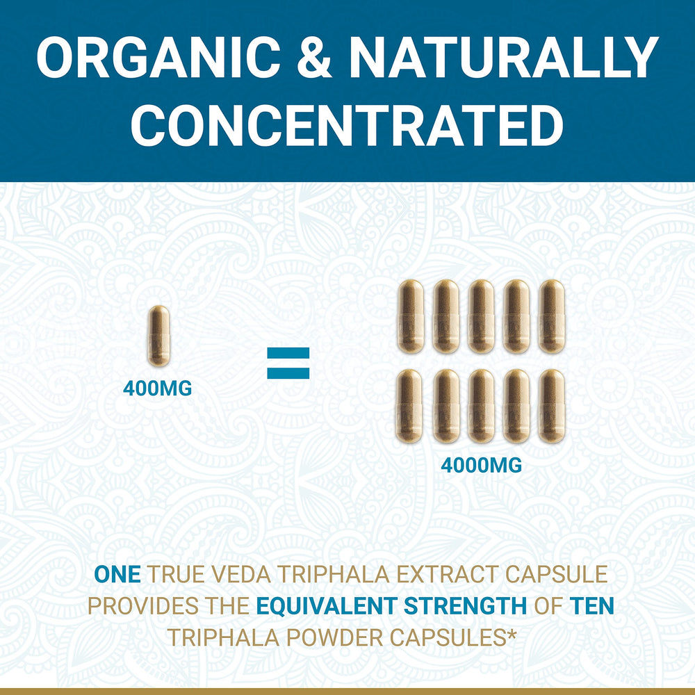Close-up of True Veda Triphala bottle label highlighting USDA Organic certification.