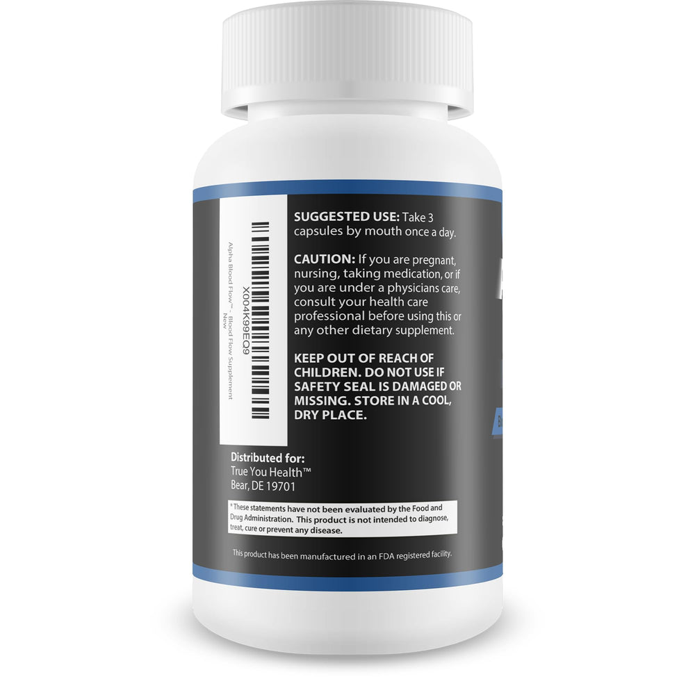 Front label of Alpha Blood Flow packaging emphasizing circulation wellness