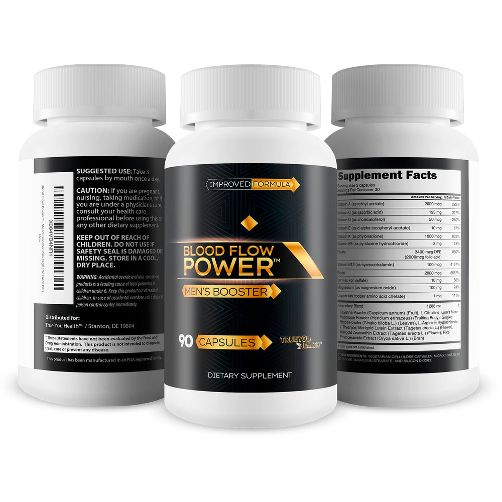 True You Health Blood Flow Power capsules in hand suggesting easy daily use.