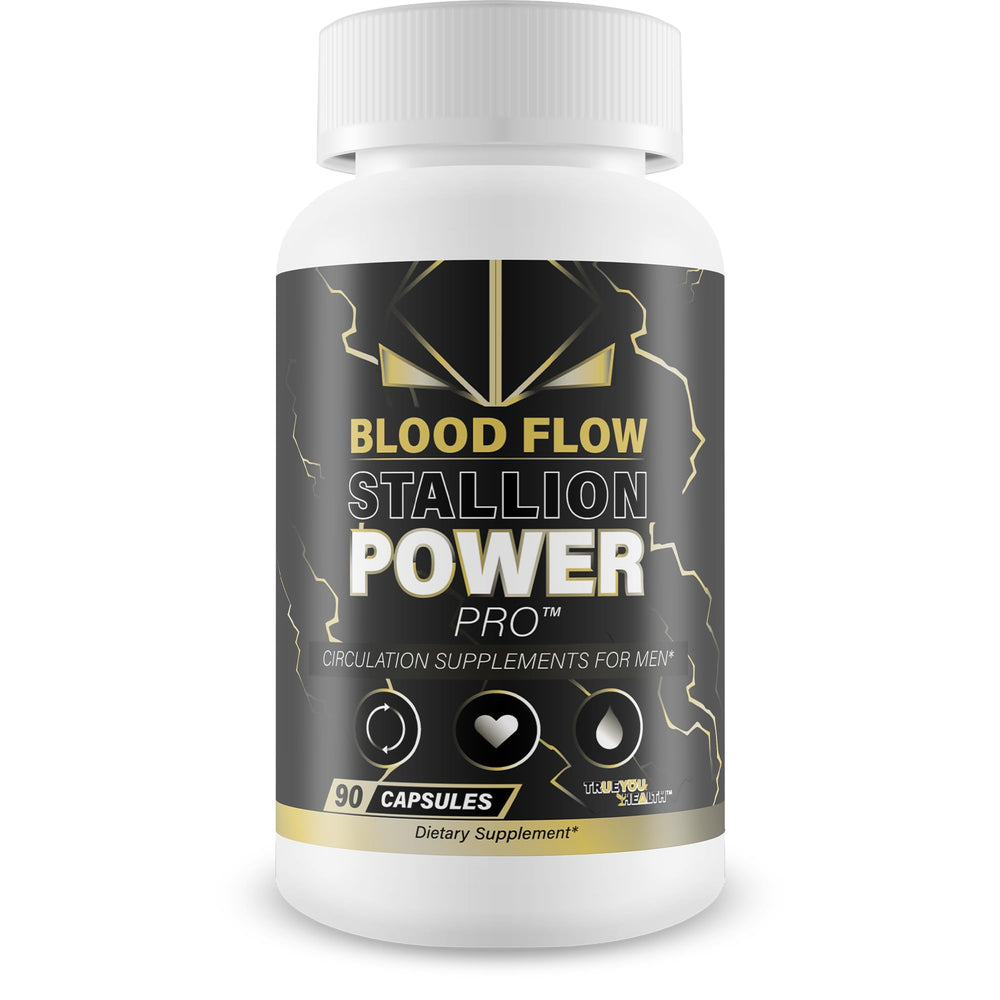 True You Health Blood Flow Stallion Power Pro bottle showing daily circulation support for men