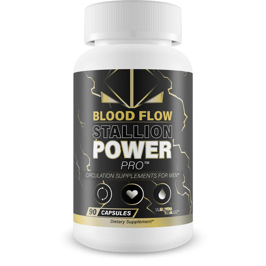 True You Health Blood Flow Stallion Power Pro bottle showing daily circulation support for men
