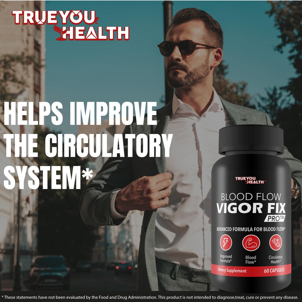 True You Health Blood Flow Vigor Fix Pro powder in water glass demonstrates easy mixing for daily routines