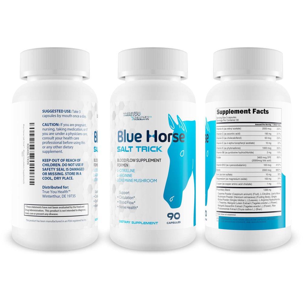 Blue Horse Salt Trick bottle label close-up highlighting magnesium and nitric oxide booster.
