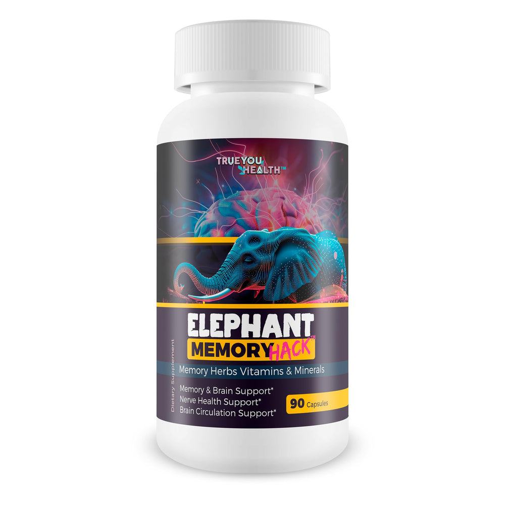 True You Health Elephant Memory Hack bottle shows daily brain support for focus