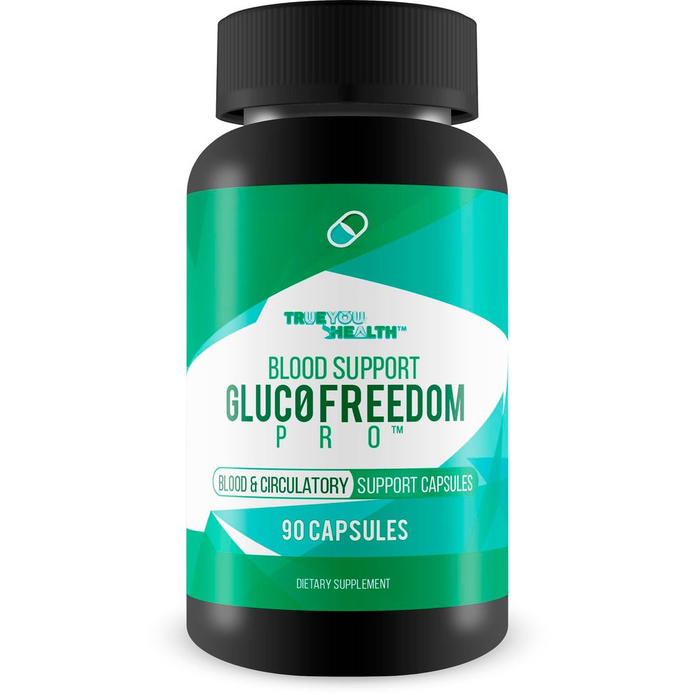 True You Health Gluc0 Freedom Pro bottle front for daily blood balance support.