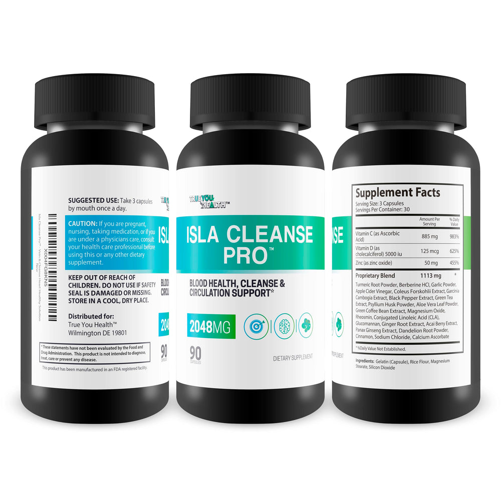Isla Cleanse Pro capsules close-up showing dosing and supplement texture for circulation support