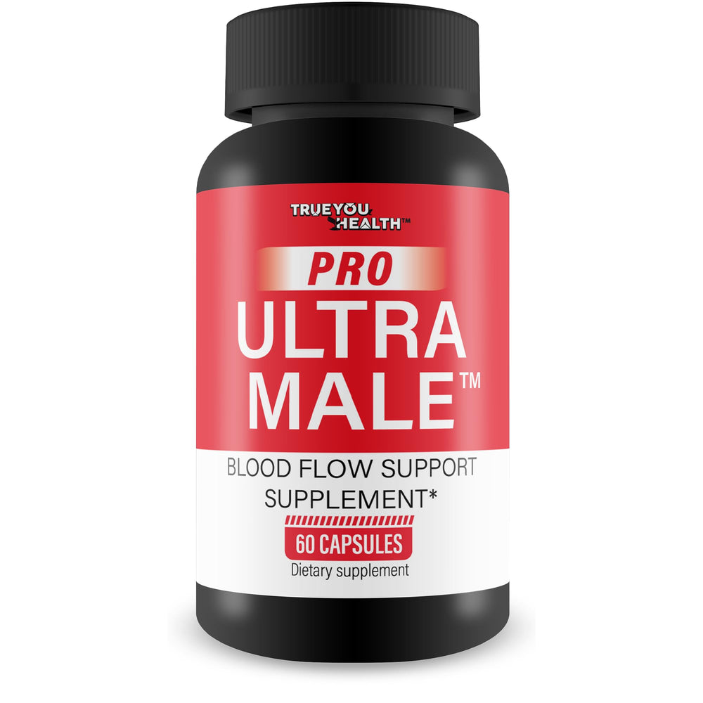 True You Health Pro Ultra Male bottle label highlighting blood flow support.