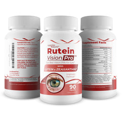 Close-up on digital devices and Rutein Vision Pro, indicating blue light support.