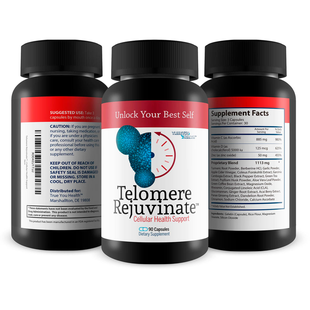 Pour shot of Telomere Rejuvenate capsules from the bottle for daily intake ritual.