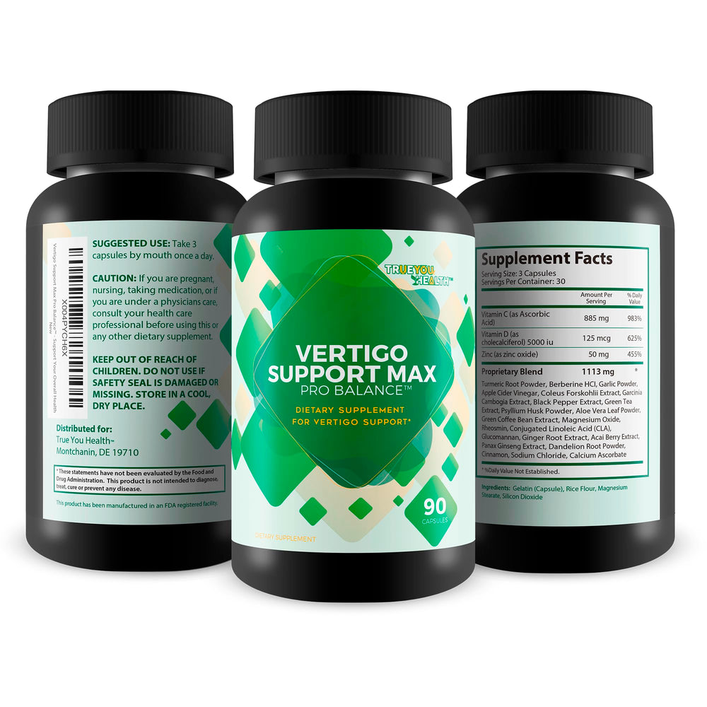 True You Health Vertigo Support Max Pro Balance tablets dispensed into a clean serving.