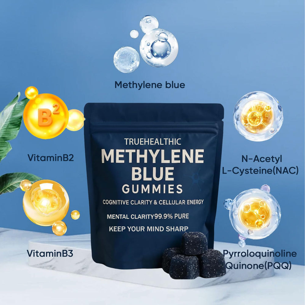 TRUEHEALTHIC Methylene Blue Gummies closeup highlighting gummy texture and purity