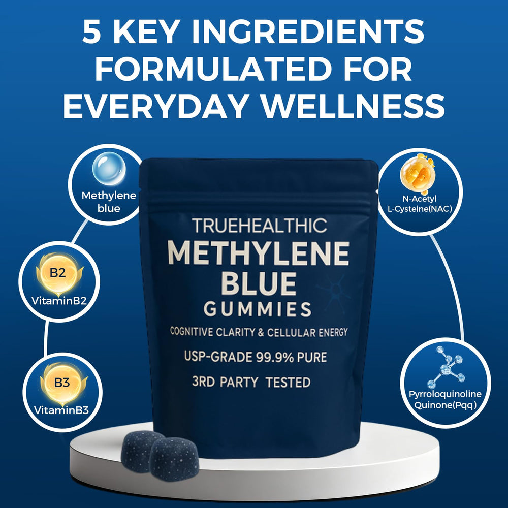 TRUEHEALTHIC Methylene Blue Gummies vegan, non-GMO label on bottle.