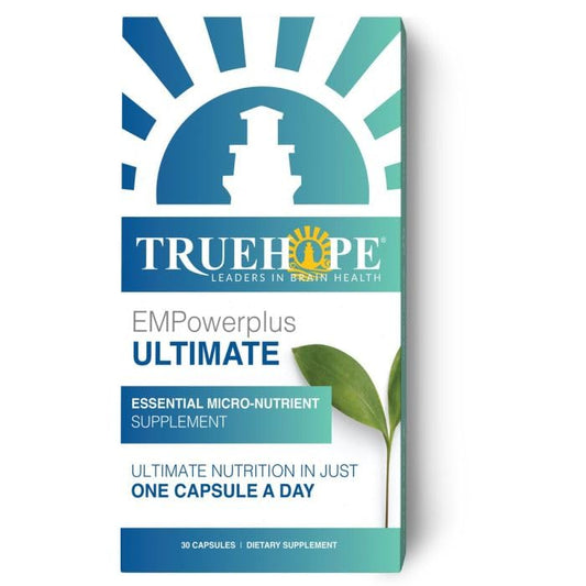 Truehope EMPowerplus Ultimate bottle front shows daily brain support potential.