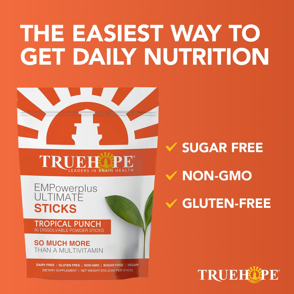Truehope EMPowerPlus Ultimate Sticks bottle label emphasizes neuro-support nutrients.