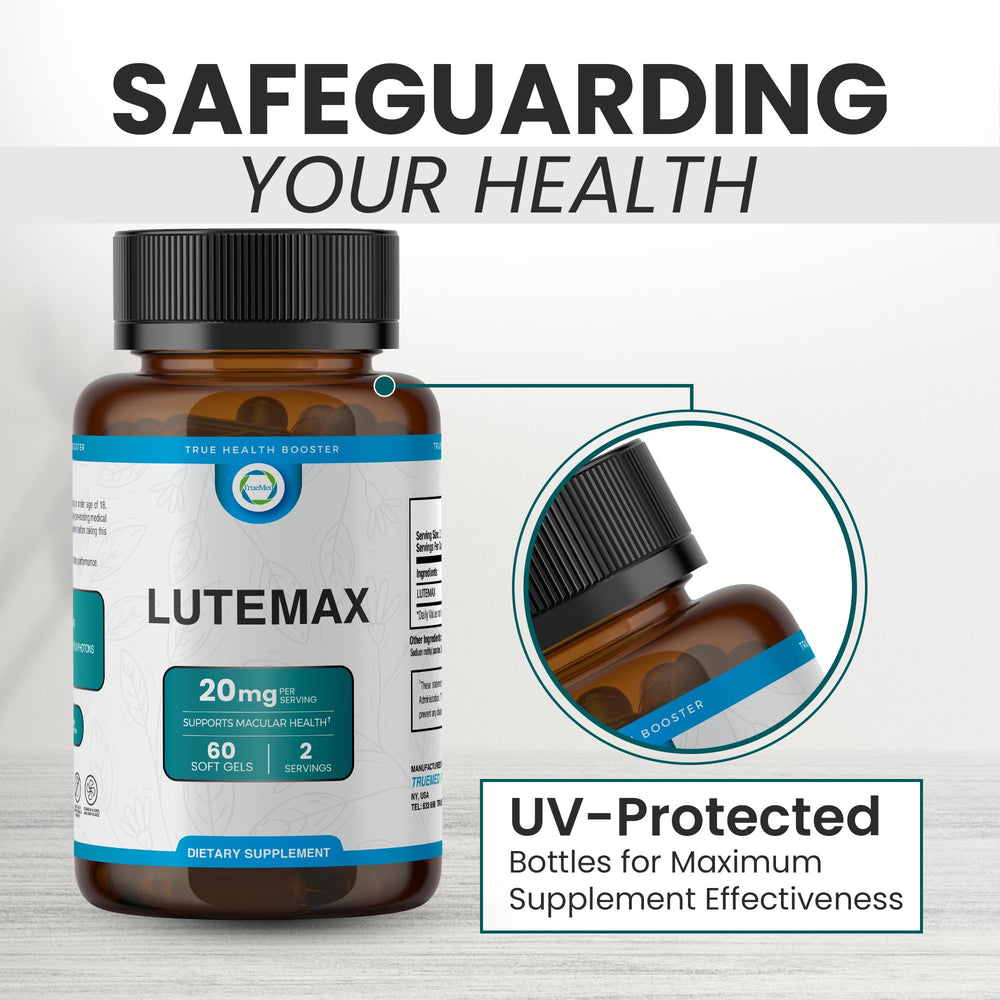 TRUEMED Lutemax 20mg made in USA stamp on packaging.