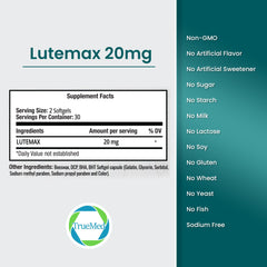 TRUEMED Lutemax 20mg softgels close-up showing easy-to-swallow capsules.