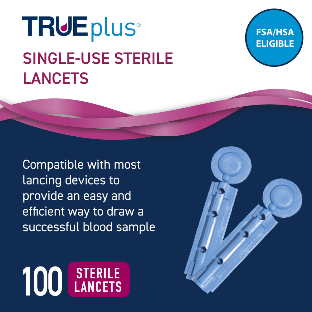 TRUEPLUS 30g lancets box 100-count highlights comfortable puncture with precise depth