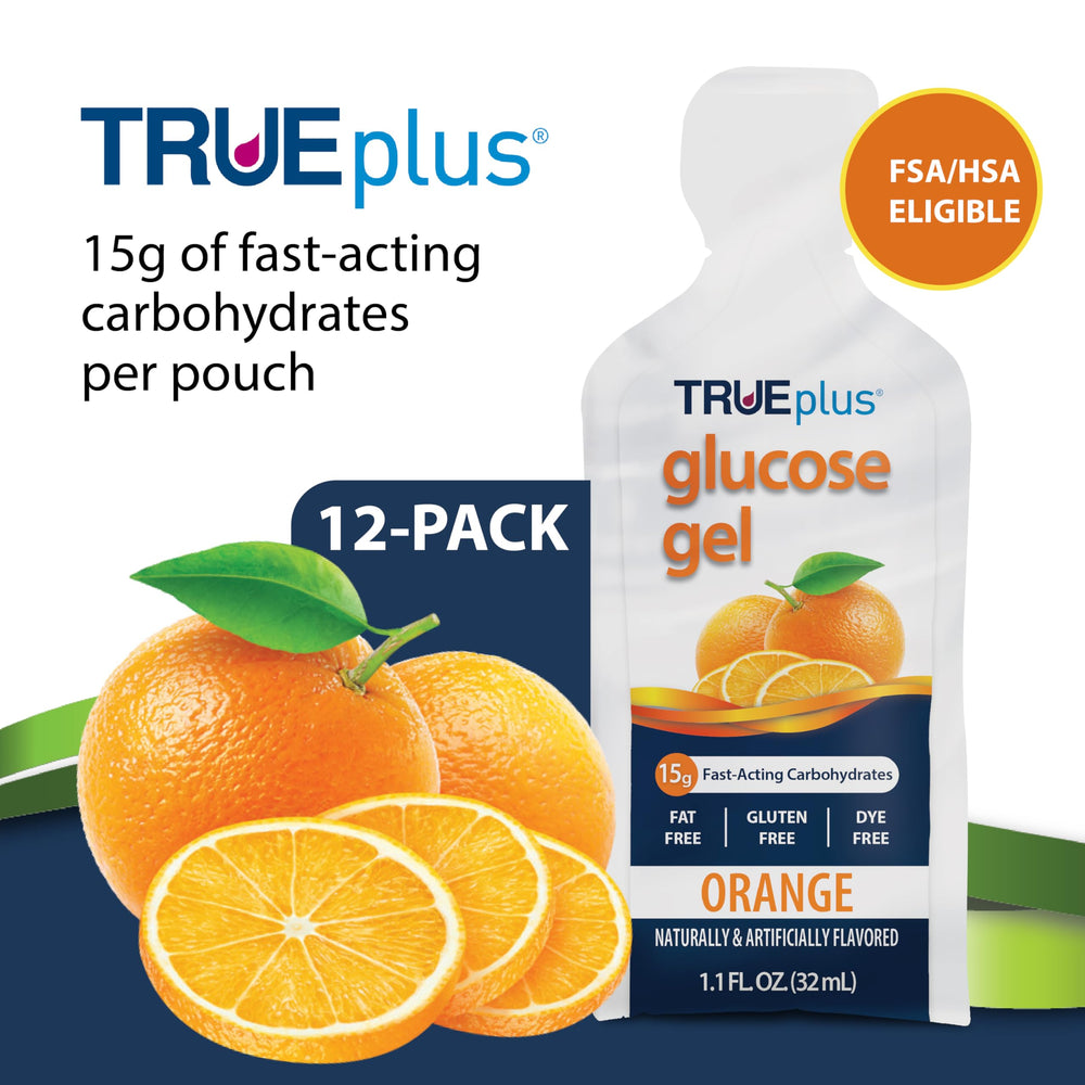 TRUEplus glucose gel orange pouch open for easy tear and squeeze.
