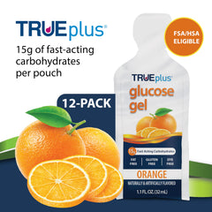 TRUEplus glucose gel orange pouch open for easy tear and squeeze.