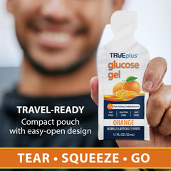 TRUEplus glucose gel orange pouch in a travel-ready pack for on-the-go use.