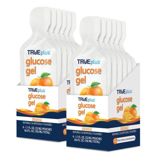 TRUEplus glucose gel orange pouch provides fast-acting energy on the go.