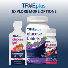 TRUEplus glucose products lineup including gel and tablets for energy management.