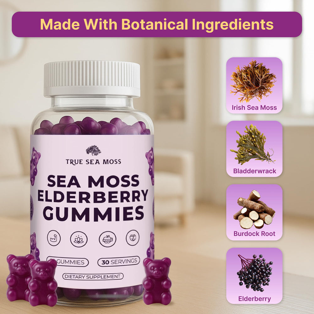 TrueSeaMoss bottle labeling emphasizing natural elderberry and sea moss blend.