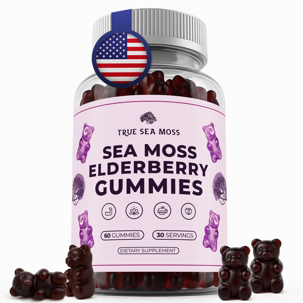 TrueSeaMoss Sea Moss Gummies bottle with elderberry for daily immune support.