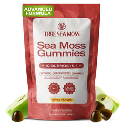 TrueSeaMoss sea moss apple cider gummies bottle on countertop showing convenient daily supplement