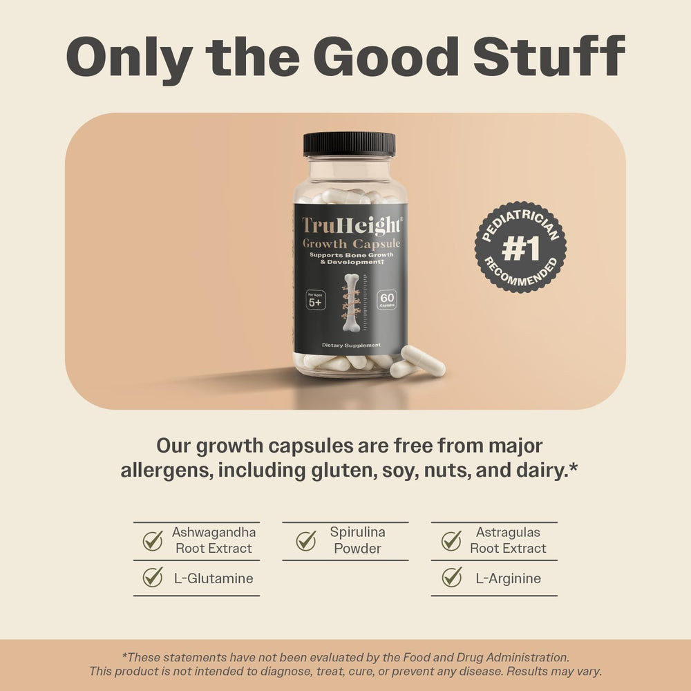 TruHeight ingredient card emphasizing Ashwagandha and vitamins for growth.