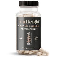TruHeight growth capsules bottle showing teen-friendly dosage for bone support.